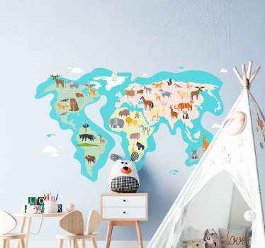 autocolante decorativo do mapa do mundo da fauna para crianças. O design é um mapa-múndi ilustrativo com diferentes animais identificados em diferentes continentes.
