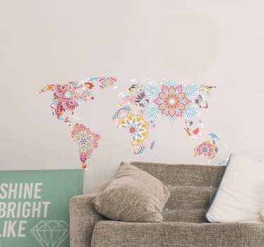 autocolante decorativo de parede de mapa mundial de mandala para decoração de casa e outros espaços. O desenho é um mapa-múndi formado com estampas de mandala.