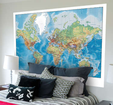 Mural de parede ilustrando um mapa mundo com as dimensões físicas e políticas, capaz de criar uma atmosfera clássica e culta no seu quarto.