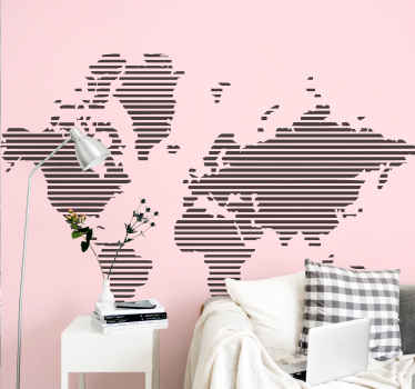 Decore qualquer espaço de sua escolha com este autocolante de mapa mundial de riscas diagonais para embelezá-lo. A cor é personalizável e fácil de aplicar.