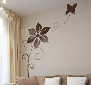 Autocolante de natureza com design elegante e diferenciado de uma borboleta voando longe de uma flor. Disponível em várias cores e tamanhos.