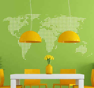 Autocolante decorativo ilustrando o mapa Mundo, formado por pontos quadrangulares, ideal para quem gosta de viajar!