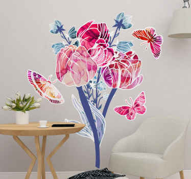 vinis decorativos com flores e borboletas. O padrão mostra flores diferentes e três borboletas voando ao redor dele. Feito de material de alta qualidade.