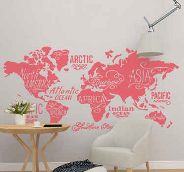 vinis decorativos com um mapa-múndi e continentes assinados. Esta decoração ficará deslumbrante em seu apartamento. Você pode escolher qualquer tamanho e cor.