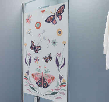 Borboletas coloridas e atraentes com vinil autocolante decorativo de flores para a porta do chuveiro. O tamanho é personalizável para atender a qualquer necessidade. Fácil de aplicar e duradouro.