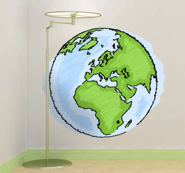 Vinil decorativo com a ilustração do planeta Terra visto do espaço com efeito de desenho. Adesivo de parede da parte da Europa, África etc.