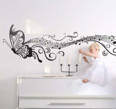 Vinil decorativo com a ilustração de uma borboleta alastrando um rasto de uma pauta e notas musicais. Adesivo de parede para interiores.