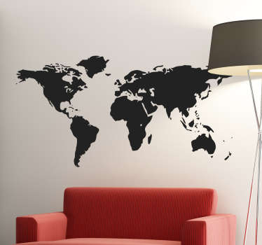 Autocolante de parede que ilustra o mapa mundo, estando disponível no tamanho que preferir e numa ampla gama de cores diferentes.