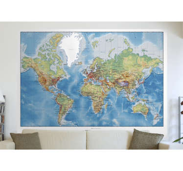 Mural de parede ilustrando um mapa mundo com as dimensões físicas e políticas, capaz de criar uma atmosfera clássica e culta no seu quarto.