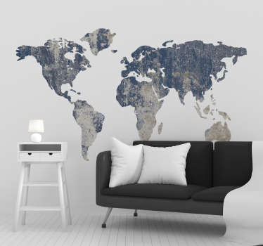 Temos um exemplo de um adesivo de parede mapa mundi com texturas azuis para dar um novo brilho às suas salas. Deixe-se viajar sem sair do lugar!