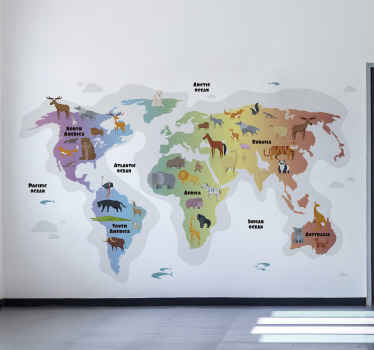 autocolante decorativo da parede do mapa do mundo animal. O projeto apresenta localização em vários continentes com os tipos de animais encontrados nele.
