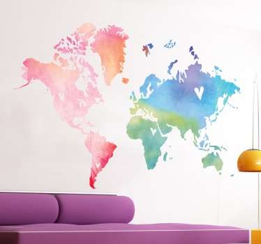 Autocolante decorativo mapa mundo colorido com efeito aguarela ideal para decorar a parede da tua sala de estar ou do teu quarto!