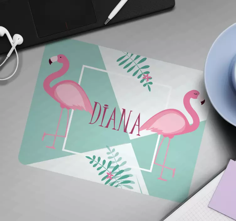 Tapetes de rato com nome Flamingos fofos com folhas - TenStickers