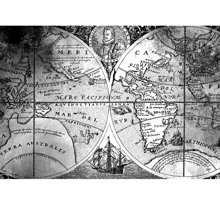 Estore de rolo cinzento mapa-múndi preto e branco - TenStickers