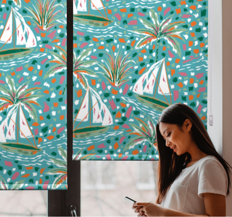 Estore de rolo florais barcos à vela e palmeiras - TenStickers