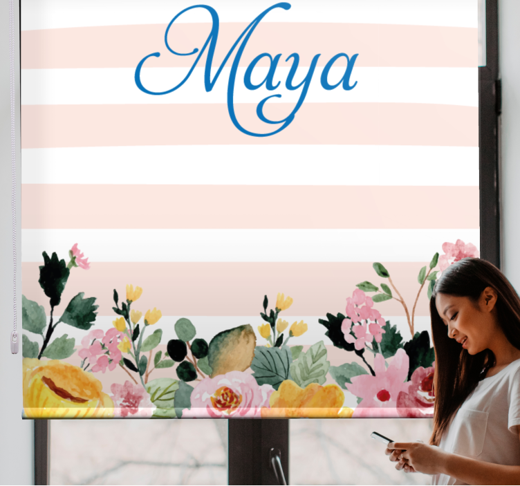 Nome azul com cortinas de rolo personalizadas de flores - TenStickers