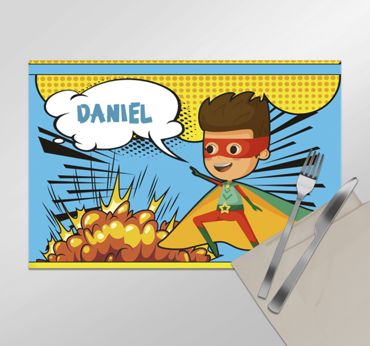 Individuais de mesa com nome quadrinho herói super - TenStickers