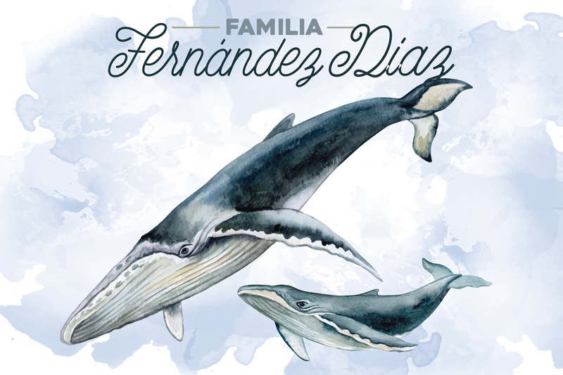 Individuais de mesa com nome ilustração da família baleia - TenStickers