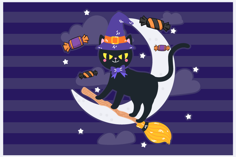 Individual de mesa halloween gato bruxo em vassoura - TenStickers