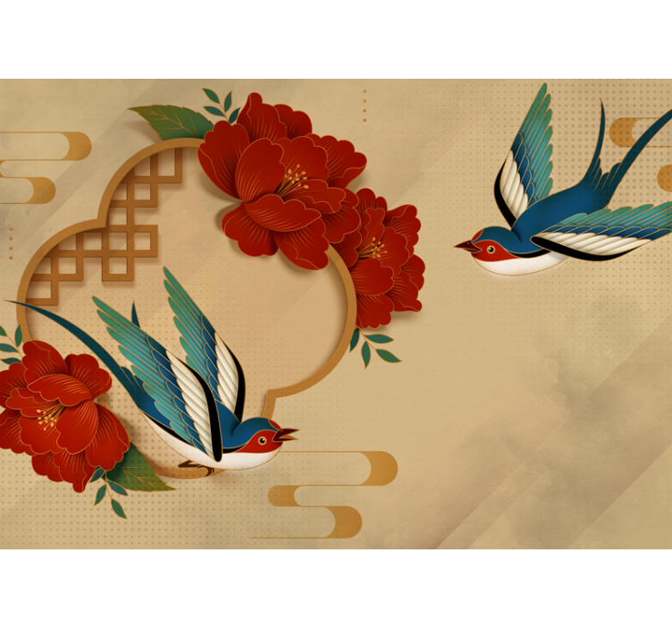 Pássaros e flores 3d fotomural de parede - TenStickers