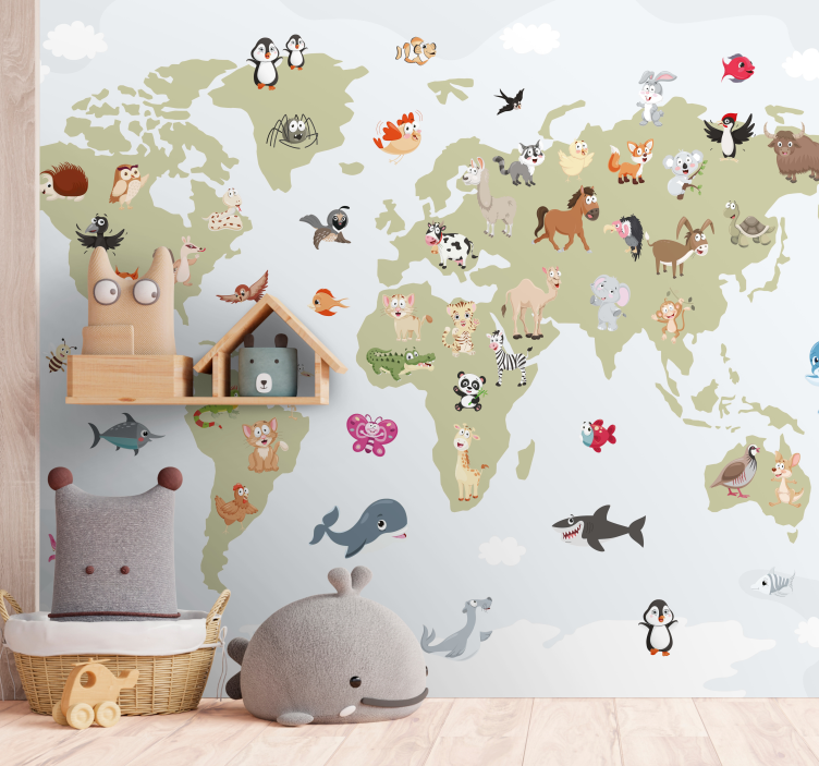 Explorador com fotomural de mapa mundial de animais - TenStickers