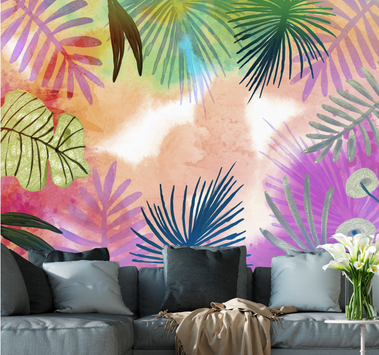 Fotomurais de paisagens Padrão de folhas tropicais coloridas - TenStickers