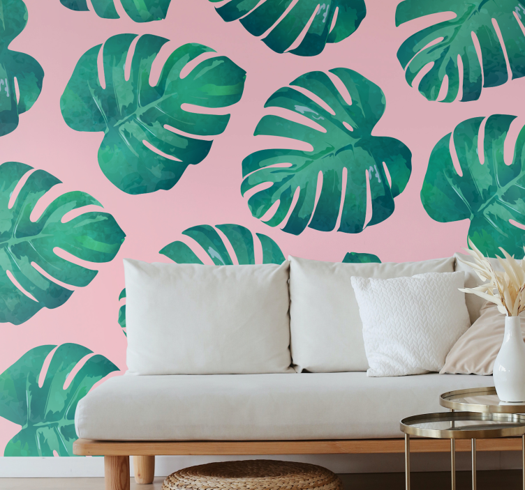 Fotomurais flores Fundo rosa folhas monstera - TenStickers