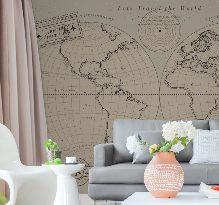 Mapa do mundo vintage com fotomural de caligrafia - TenStickers