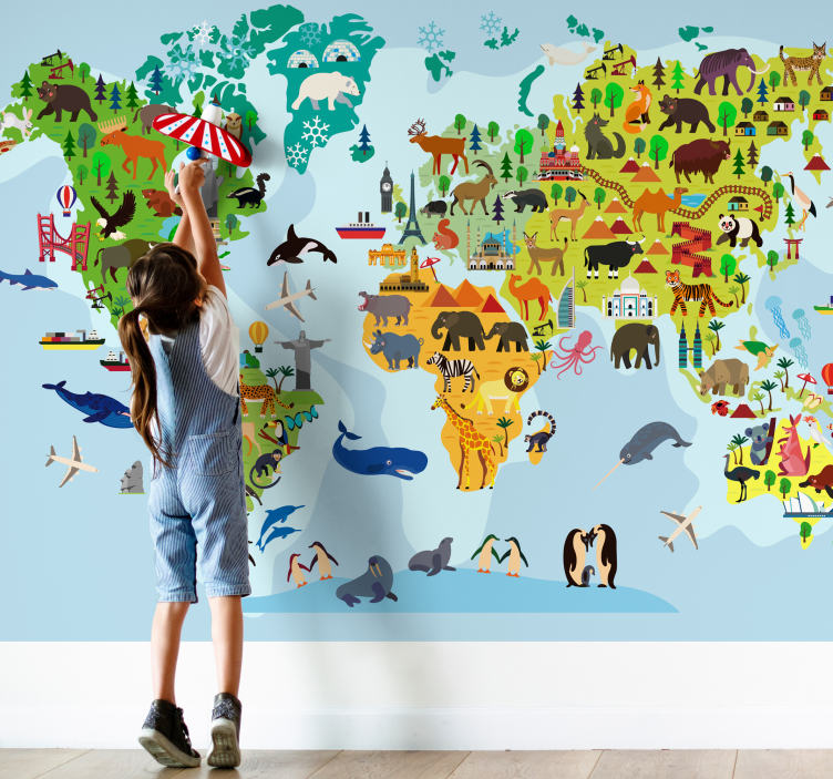 Mapa mundial infantil com monumentos e animais - TenStickers
