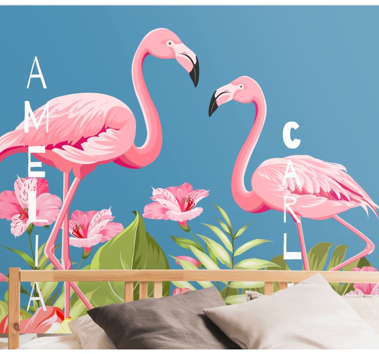 Mural de parede animais flamingos e flores - TenStickers