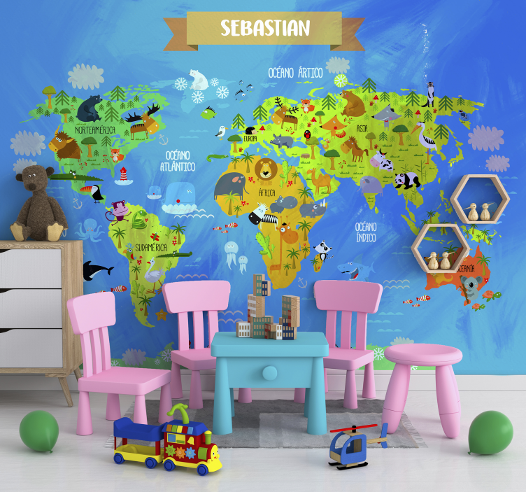 Mural de parede mapa mundial Mapa mundi com animais - TenStickers