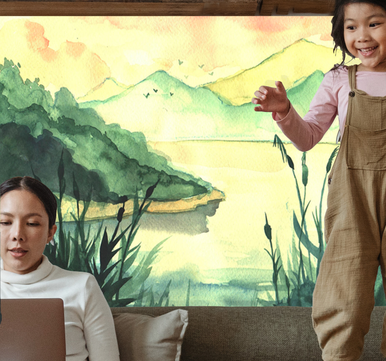 Mural de parede lagos paisagem serena desenhada à mão - TenStickers