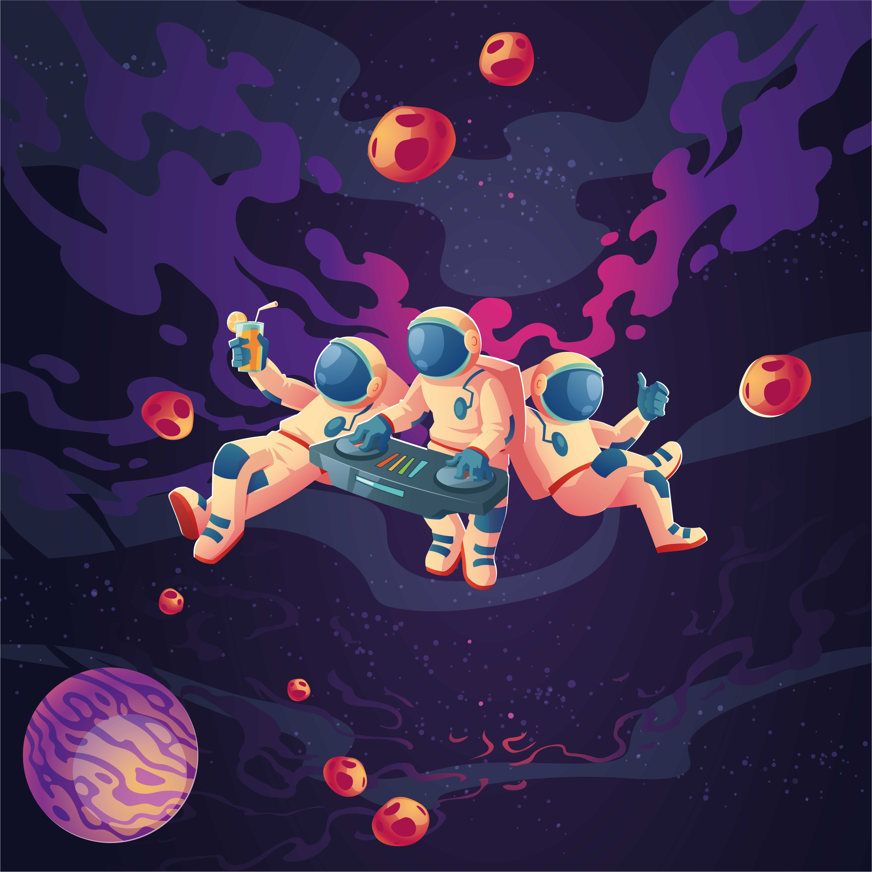 Poster infantil astronautas em festa de desenhos - TenStickers