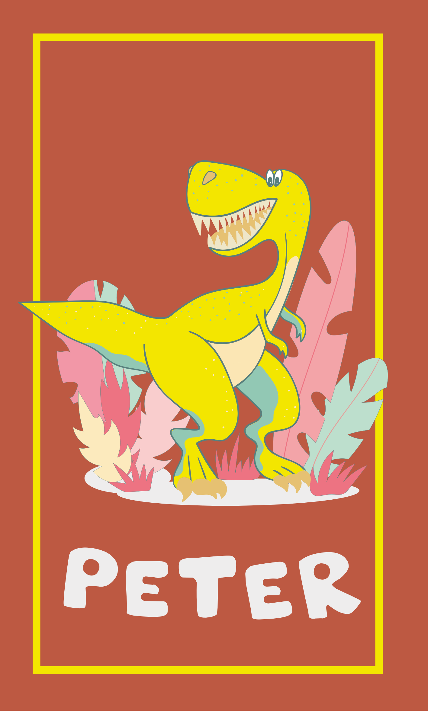 Poster infantil dino amarelo com plantas - TenStickers