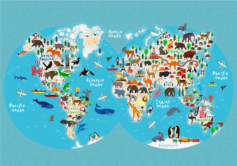 Impressão de post de animais do mapa do mundo - TenStickers