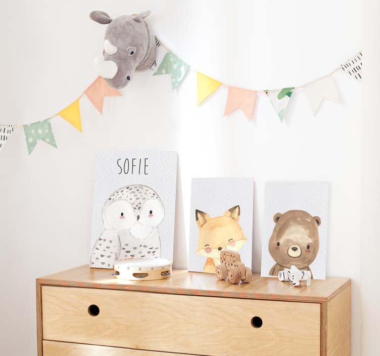 Quadros para quarto infantil bebê raposa sorridente com nome - TenStickers