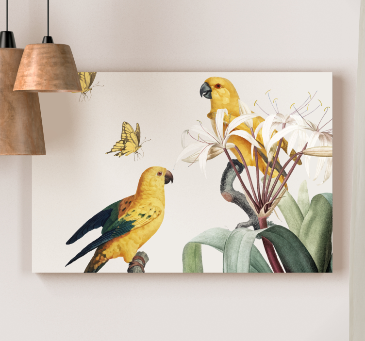 Quadro de flores com papagaios e borboletas - TenStickers