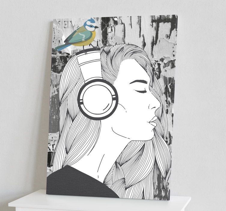 Quadro de arte Mulher com fones de ouvido e pássaro - TenStickers