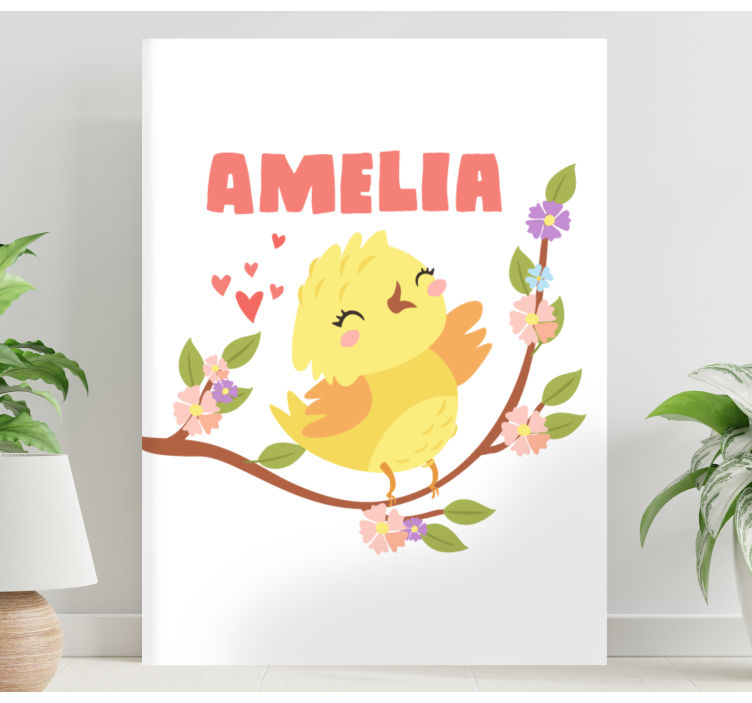 Quadro de pássaros Pintinho com nome e flores - TenStickers