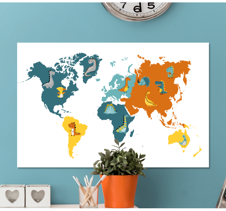 Quadro mapa mundi Dinossauro azul e laranja - TenStickers