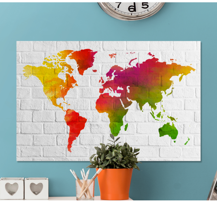 Quadro mapa mundi Parede de tijolos com colorido - TenStickers