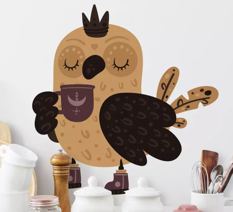 Vinil para cozinha Rei coruja com caneca de café - TenStickers