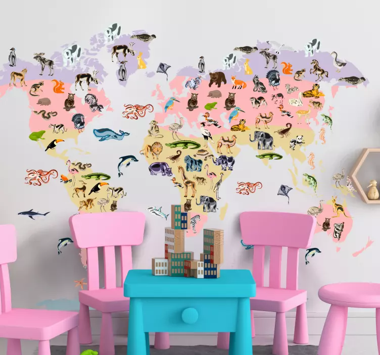 Adesivo mapa mundi motivo animal pastel - TenStickers