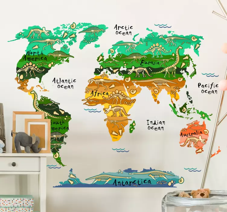 Adesivo mapa mundo infantil de dinossauros - TenStickers