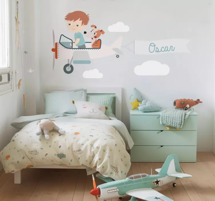 Adesivo para crianças menino e cachorro em um avião - TenStickers