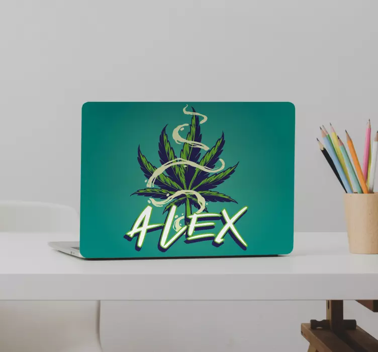 Adesivo para laptop folha de maconha com nome - TenStickers