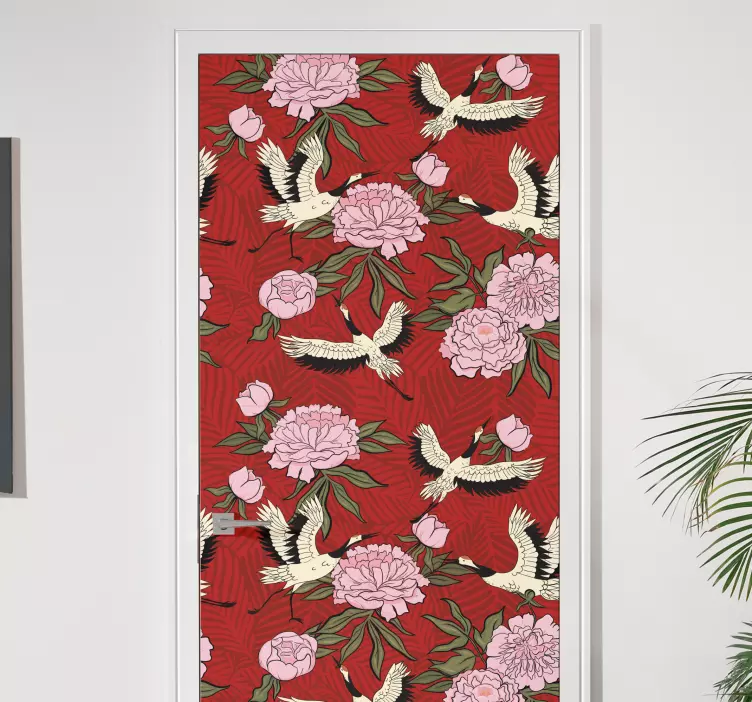 Adesivo para porta padrão floral de guindaste - TenStickers