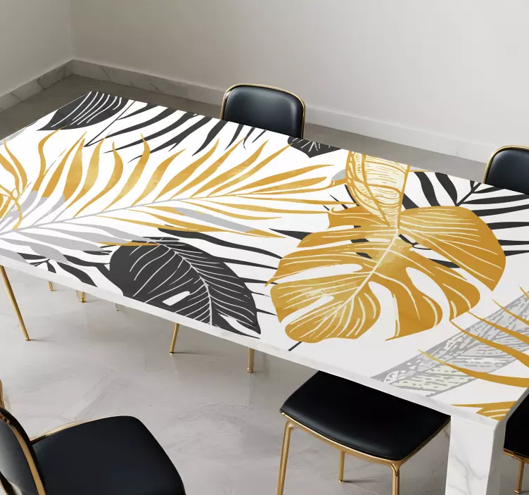 Adesivo para sala de jantar folhas cinza escuro e douradas - TenStickers