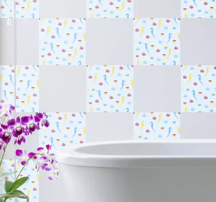 Autocolantes azulejos decorativos Cavalo marinho e coral - TenStickers