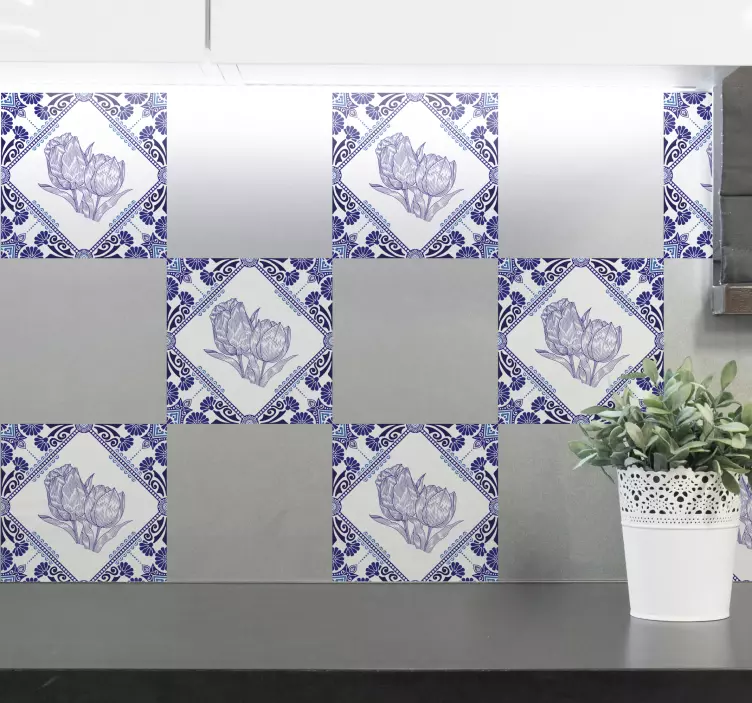 Autocolantes azulejos decorativos Delfts blue túlipas - TenStickers